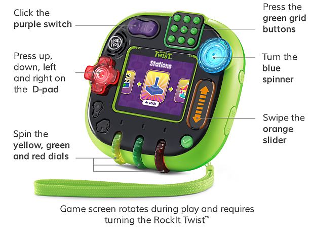 Game Controls : Click teh purple switch. Press the green grid buttons. Press up, down, left and right on the D-pad. Turn the blue spinner. Spin the yellow, green and red dials. Swipe the orange slider. Game screen rotates during play and requires turning the RockIt Twist.